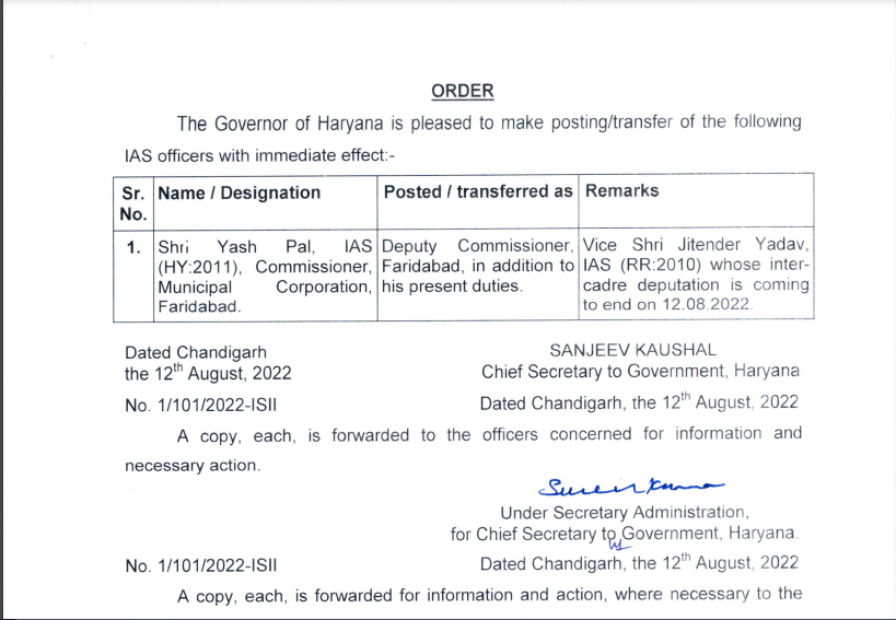 IAS Transfers in Haryana Latest 