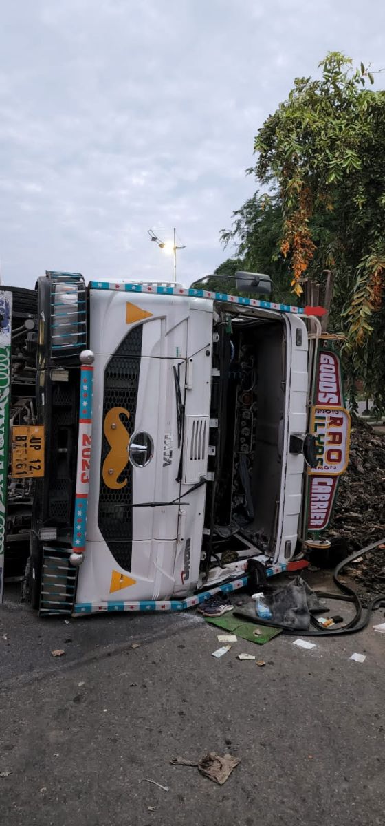 Truck Overturns On Road In Chandigarh