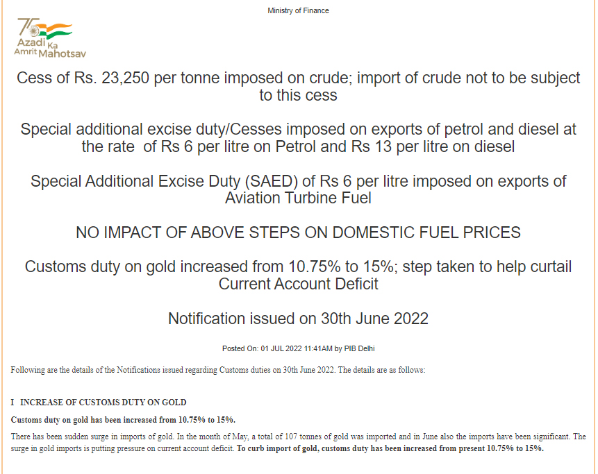 Customs Duty on Imported Gold Increased