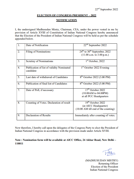 Congress New President Election Notification Issued