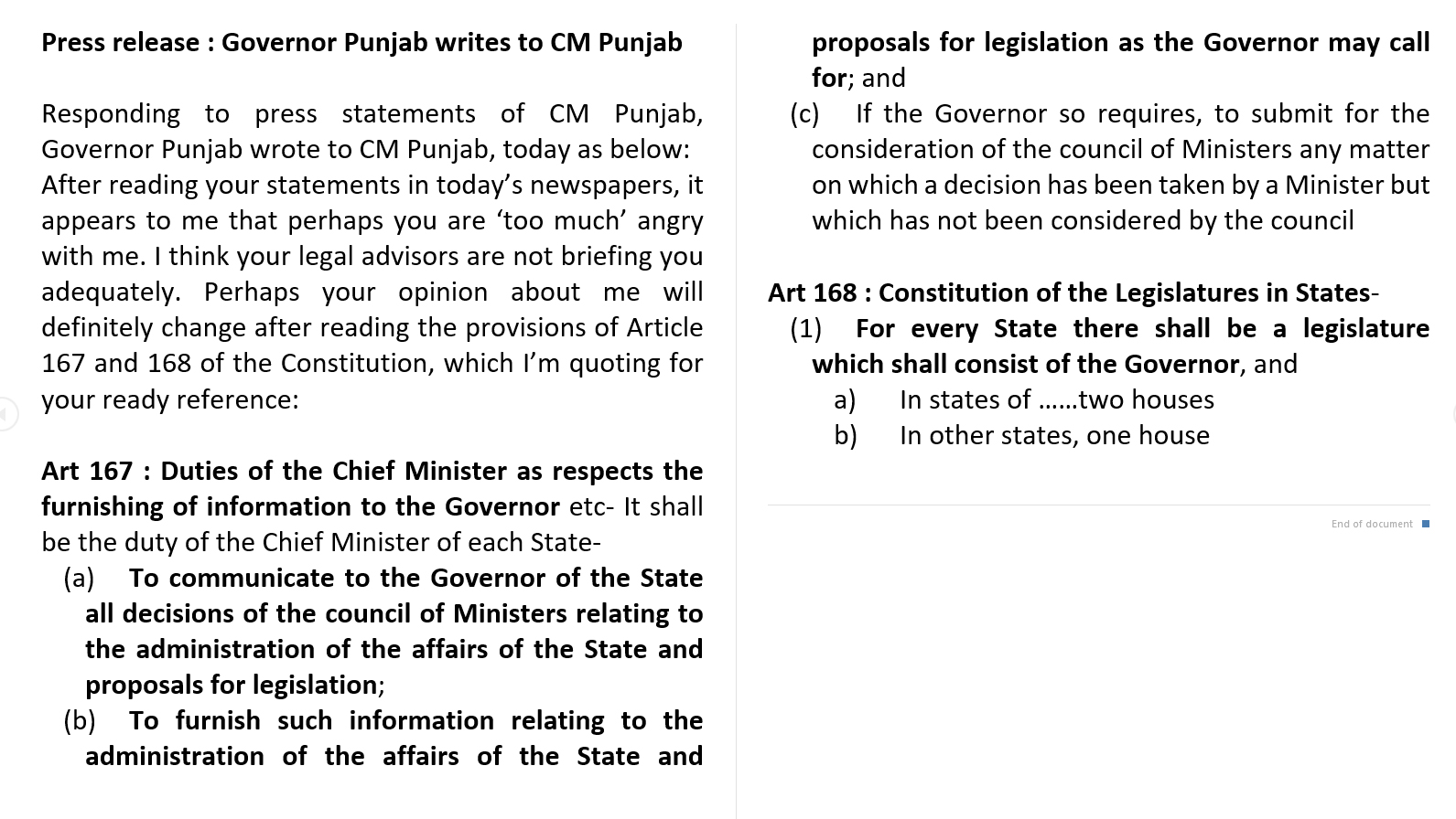 Punjab Governor letter to CM Bhagwant Mann
