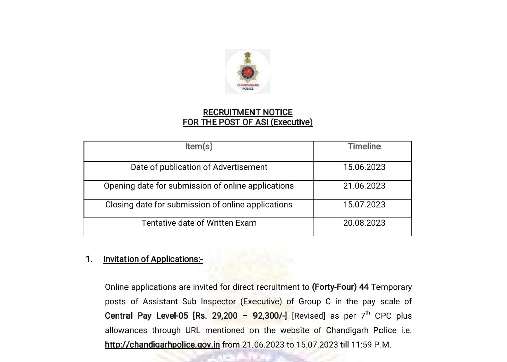  Chandigarh Police ASI Recruitment 2023