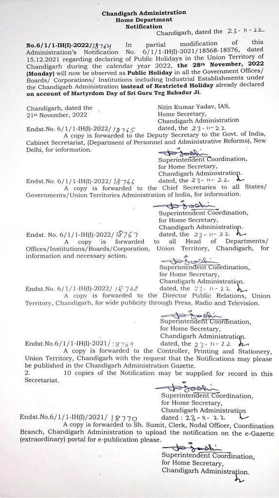 Chandigarh Administration Declares Public Holiday On November 28