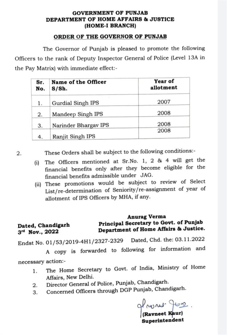 Punjab IPS Officers Promotion