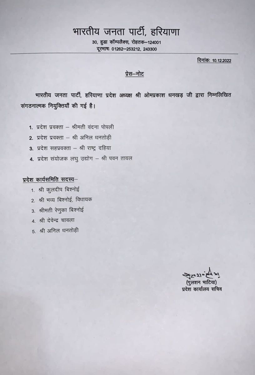 New Appointments in Haryana BJP