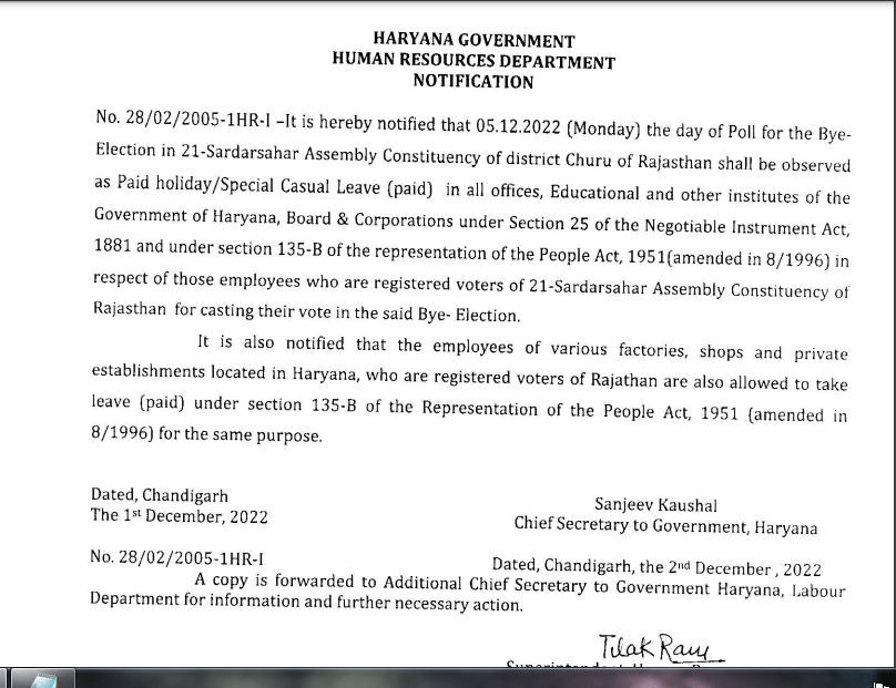 Haryana Govt Declares Paid Holiday On Dec 5