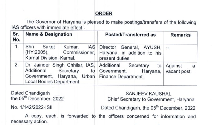 Haryana IAS Officers Transfers