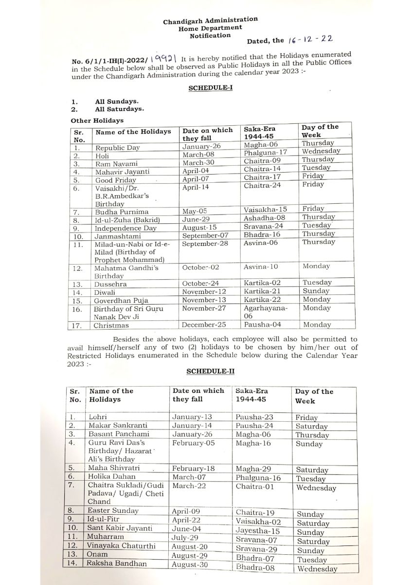 Chandigarh Public Holidays 2023