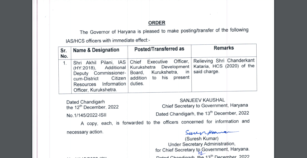 Haryana IAS|HCS Transfers