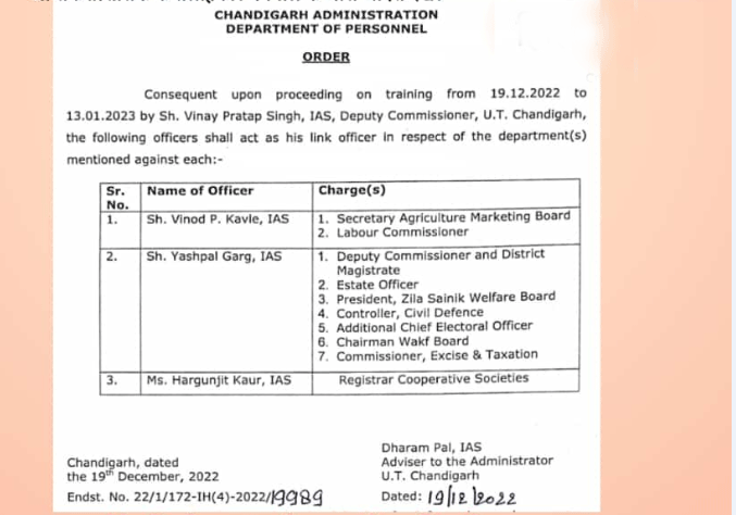 Chandigarh DC Charge To IAS Yashpal Garg