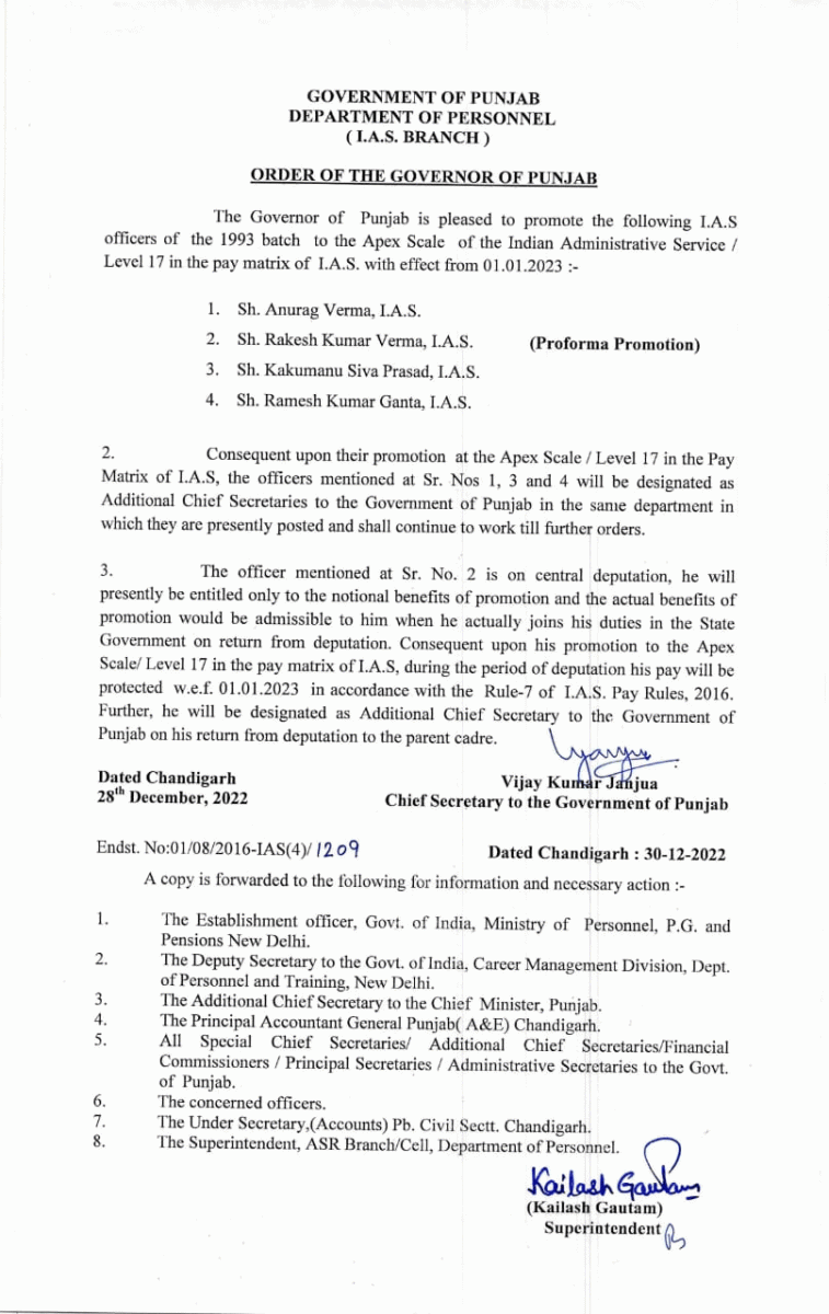 Punjab IAS Officers Promotion