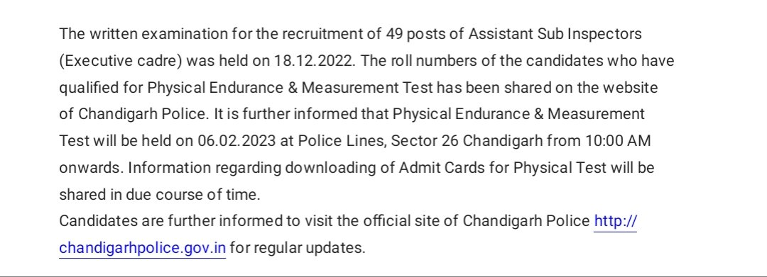 Chandigarh Police ASI Recruitment 2022 Result