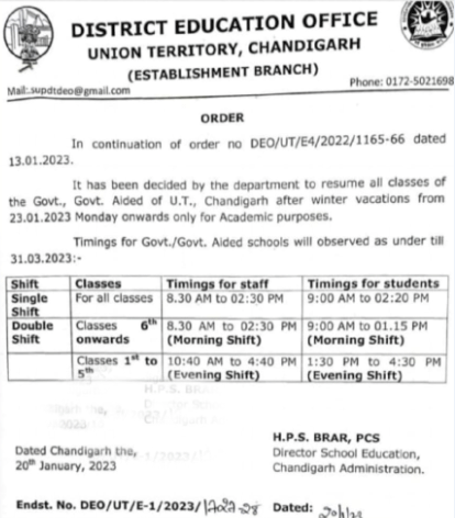 Chandigarh Schools Timing