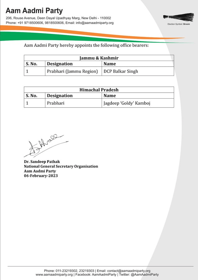 AAP Appointed Prabharis For Himachal And Jammu