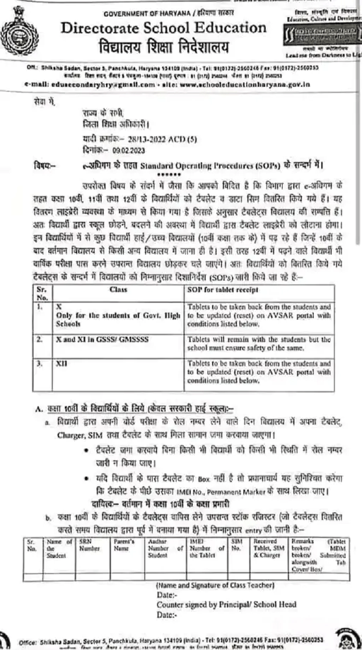 Haryana Education Department Letter About Tablet Returning