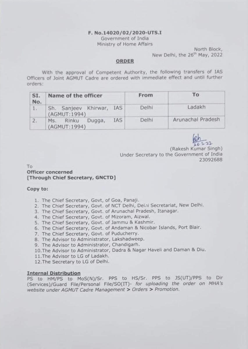 Delhi IAS Officers Sanjeev Khirwar and Rinku Dugga Transfers