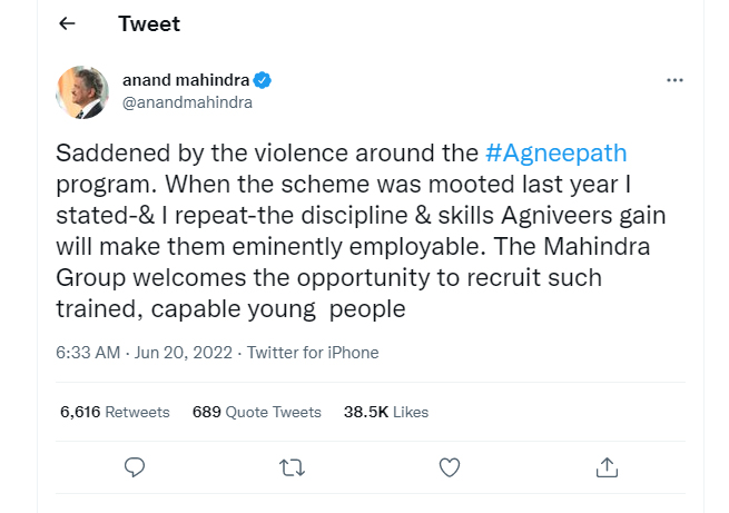 Mahindra Group on Agnipath Scheme