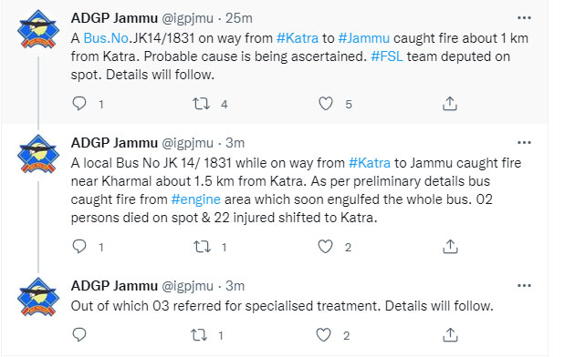 Bus Fire in Jammu near Katra