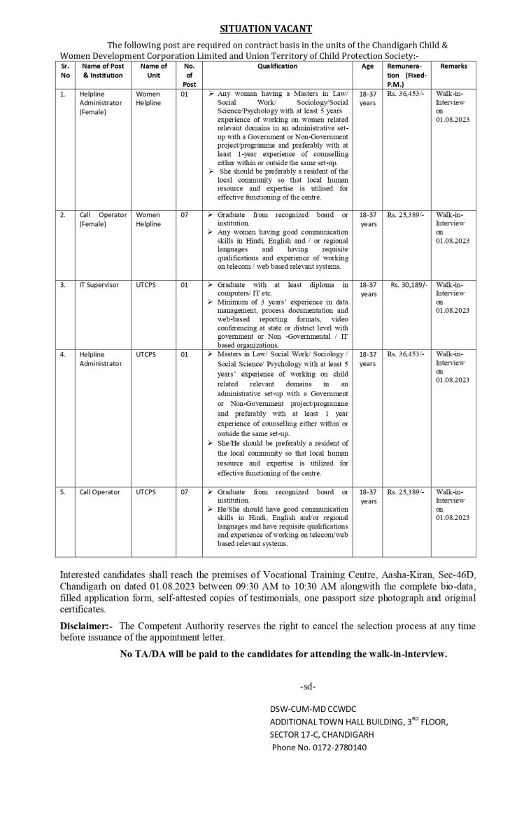 Chandigarh Child & Women Development Recruitment 2023