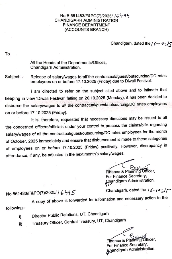 Chandigarh Administration Employees Will Gets Oct Salary Before Diwali 