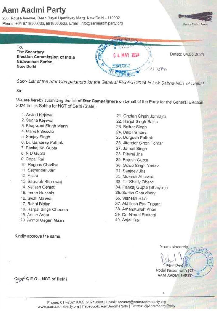 AAP Releases Star Campaigners List For Haryana Lok Sabha Election 2024