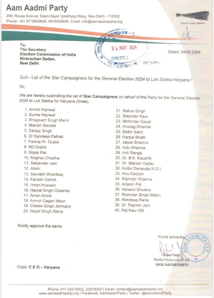 AAP Releases Star Campaigners List For Haryana Lok Sabha Election 2024