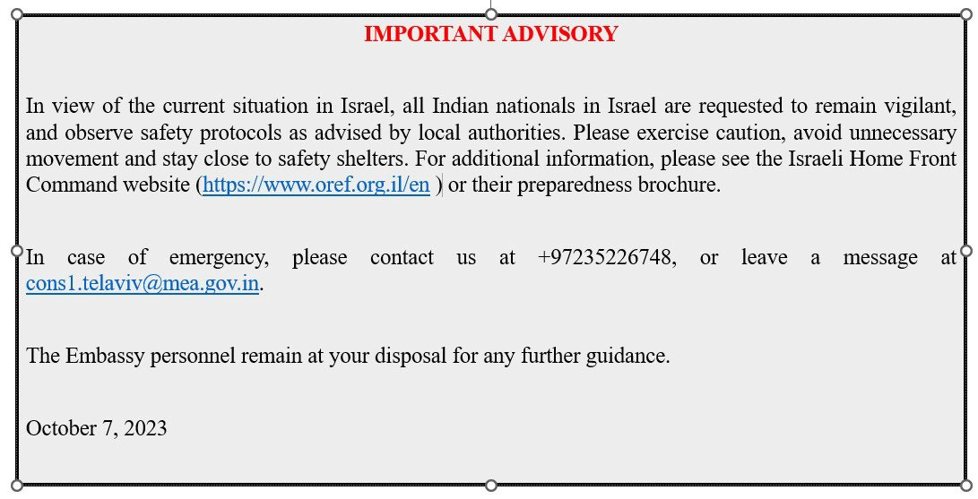 Advisory For Indians in Israel Attack By Hamas Terrorist