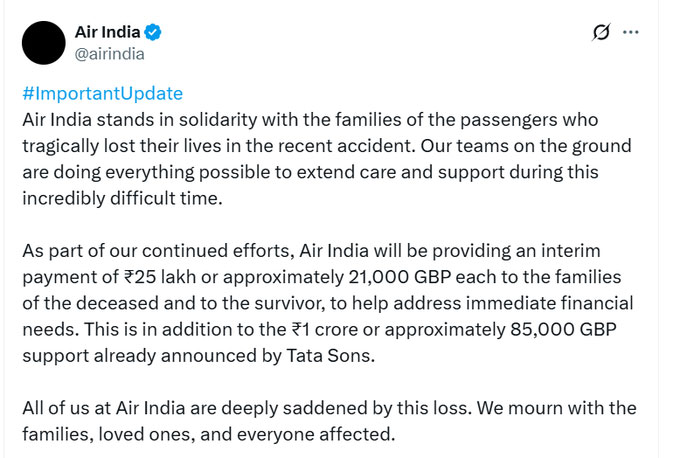 Air India Announced Rs 25 Lakh Compensation in Ahmedabad Plane Crash Tragedy 