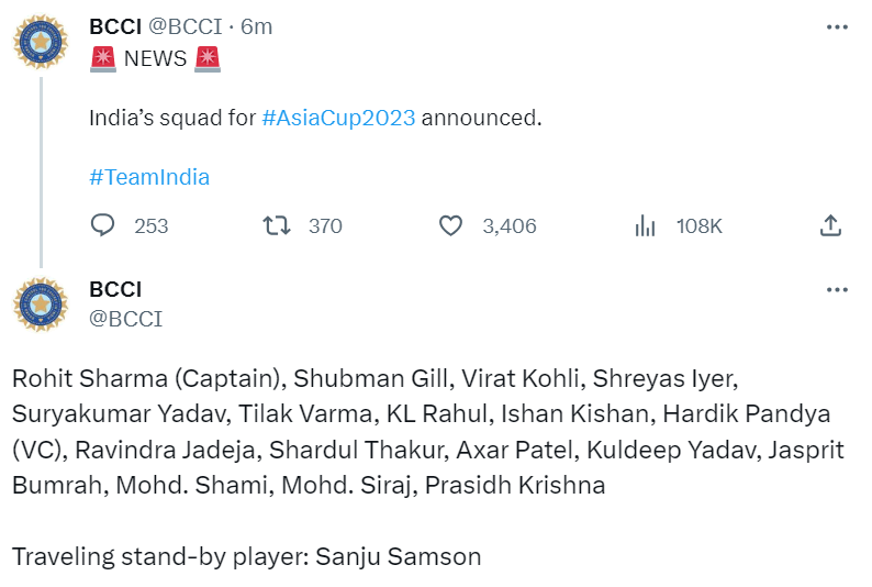 BCCI Announces Team India Squad for Asia Cup 2023