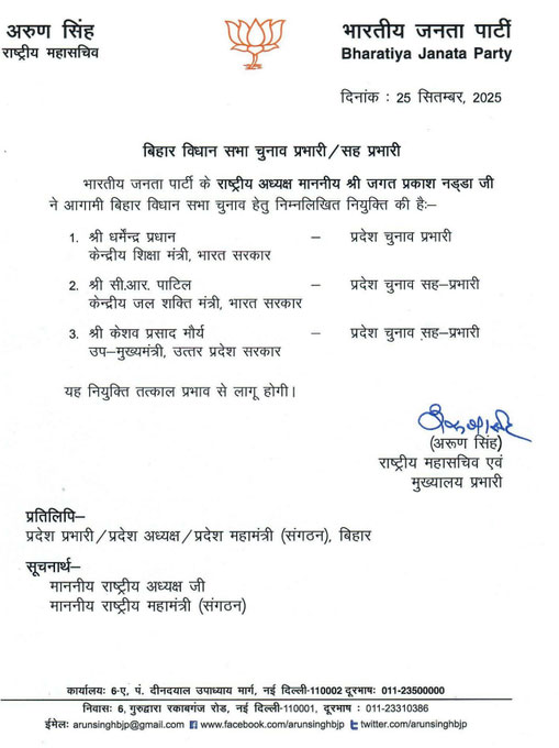 BJP Appoints Election Incharges In These States Including Bihar
