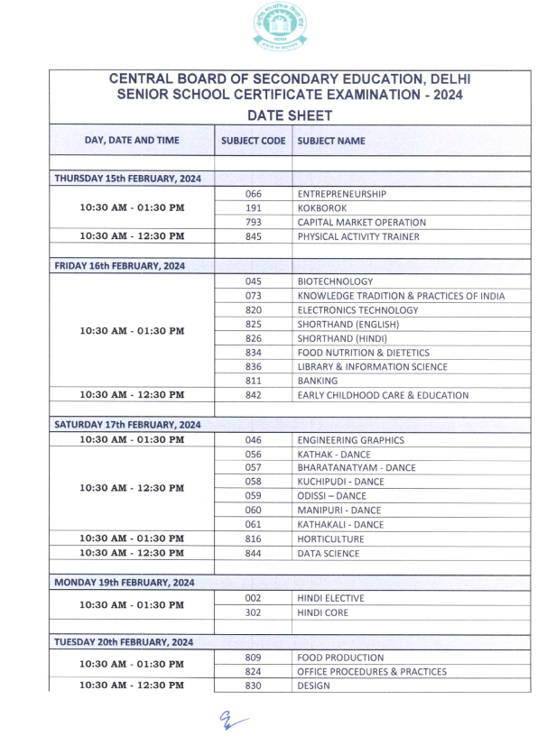 CBSE 10th-12th Board Datesheet 2024 Download Here Update