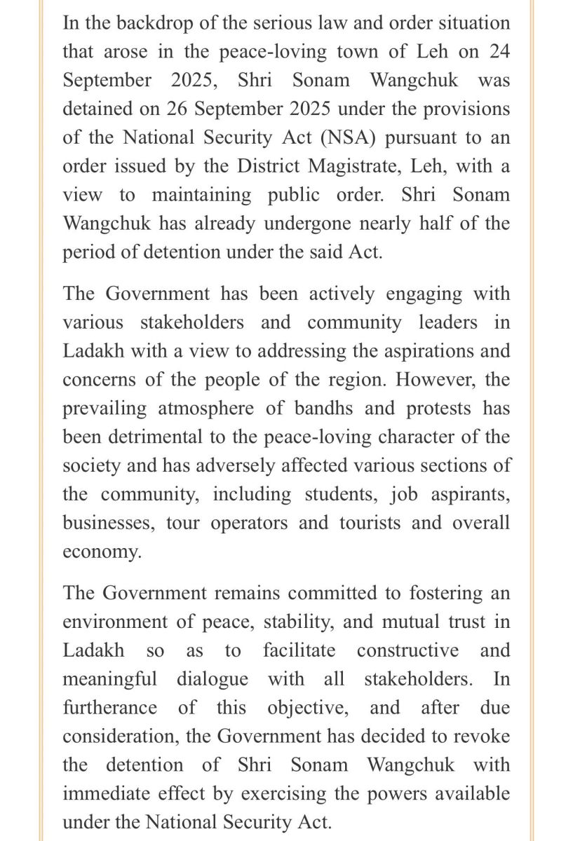 Central Government revokes NSA on Sonam Wangchuk Activist Ladakh