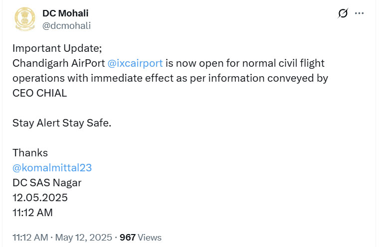 Chandigarh Airport Resumes Normal Ops