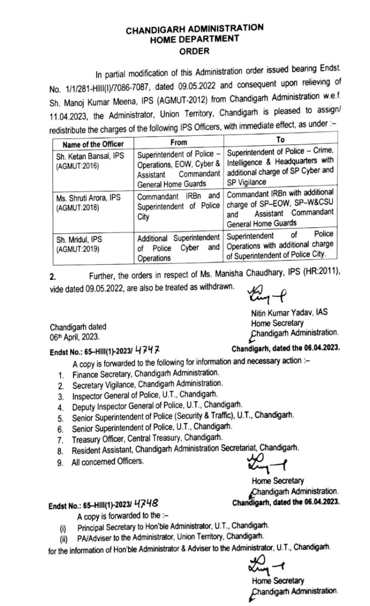 Chandigarh IPS Officers Transfers