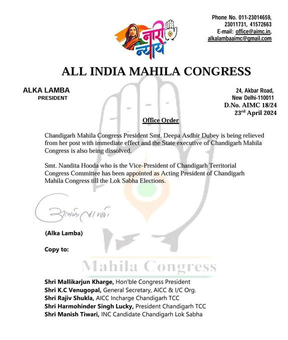 Chandigarh Mahila Congress President Deepa Dubey Removed News Update
