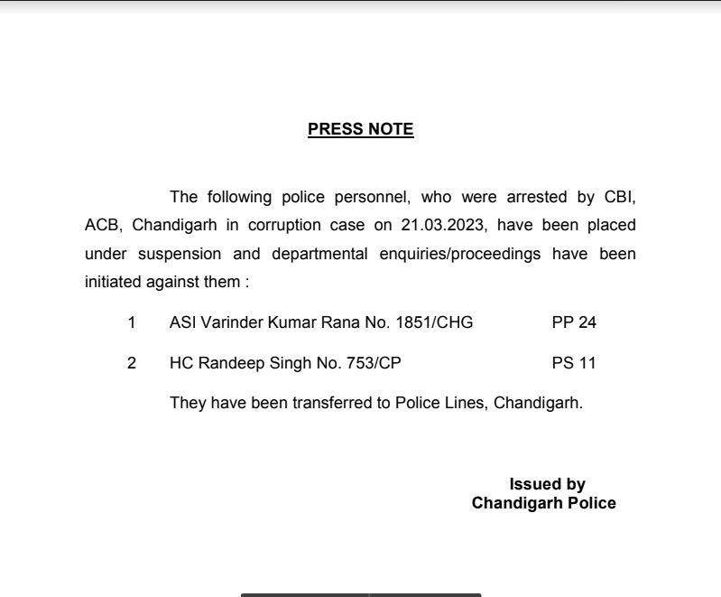 Chandigarh Police ASI and HC Suspend