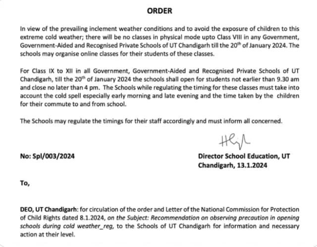 Chandigarh Schools Closed Latest Order By Administration