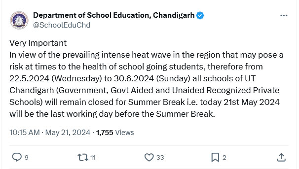 Chandigarh Schools Summer Holidays