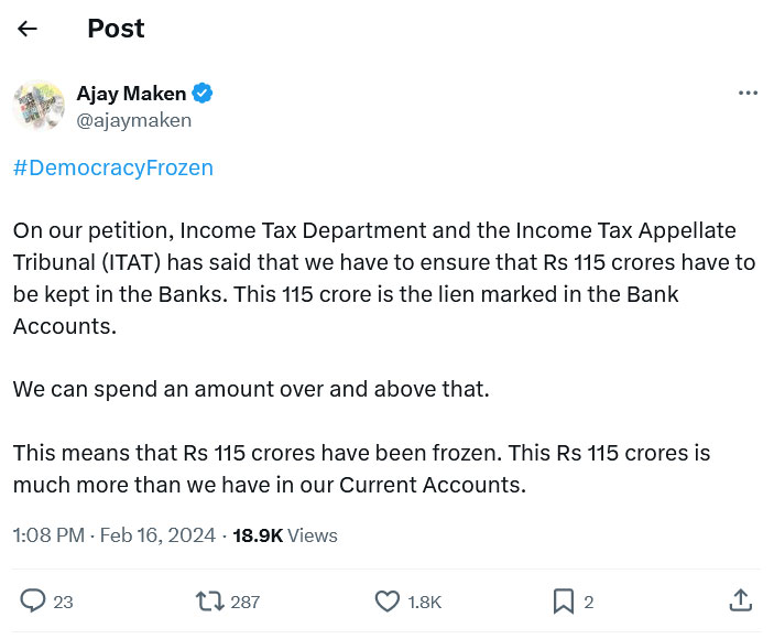 Congress Bank Accounts Freeze