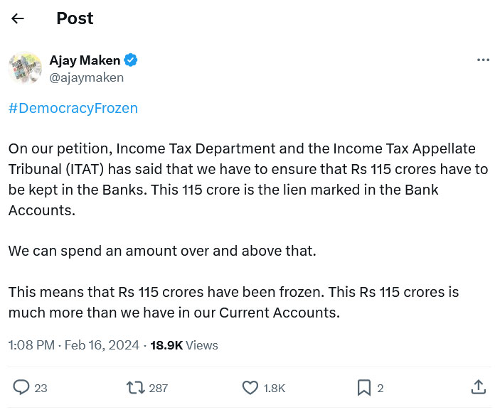 Congress Bank Accounts Freeze