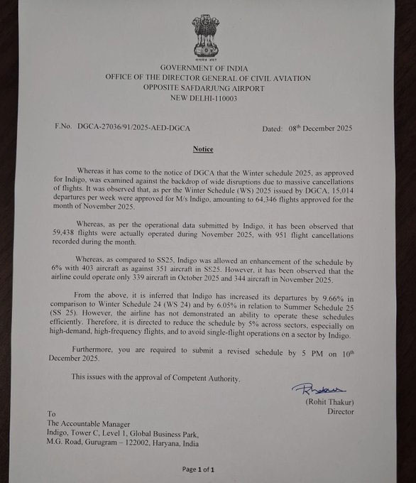 DGCA Directed To IndiGo To reduce the schedule by 5% across sectors
