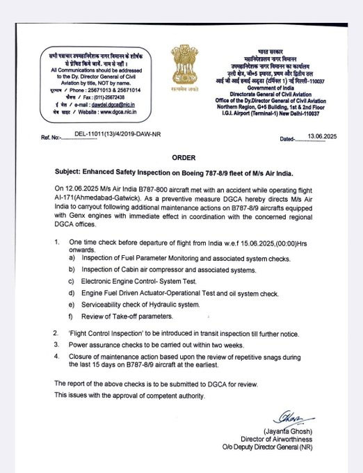 DGCA Orders To Air India For Enhanced Safety Inspection Boeing 787-8/9 fleet