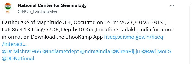 Earthquake in Ladakh Latest Update News