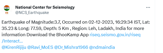 Earthquake in Ladakh Latest Update News