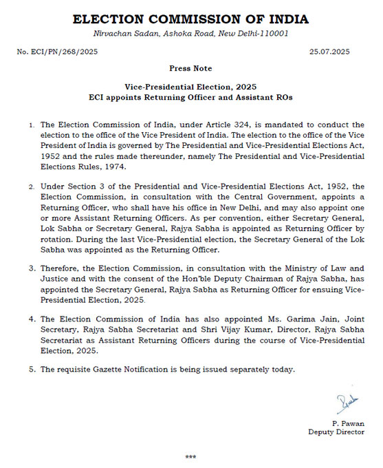 Election Commission Appointed Returning Officer For Vice President Election 2025