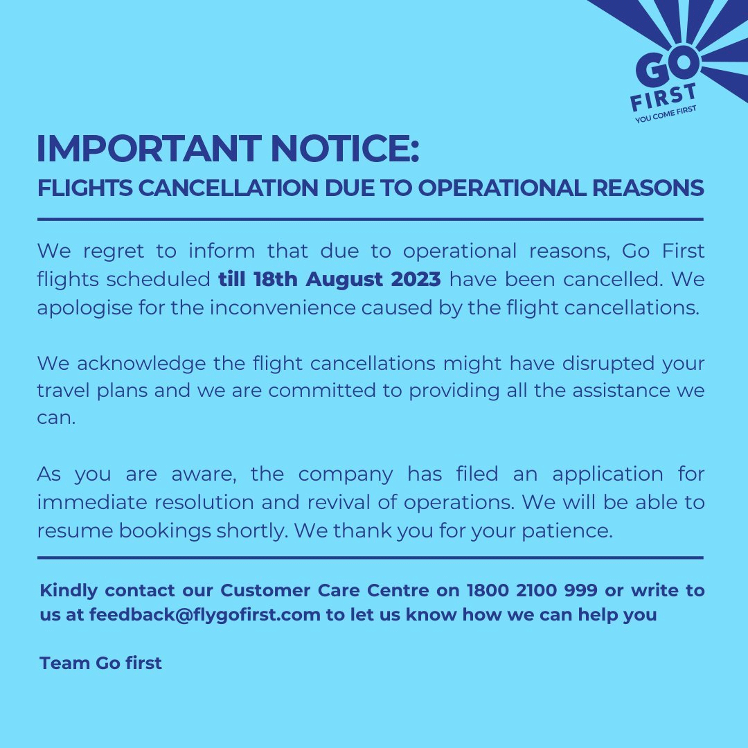 Go First All Flights Cancelled Till 18th Aug 2023 Due To Operational Reasons