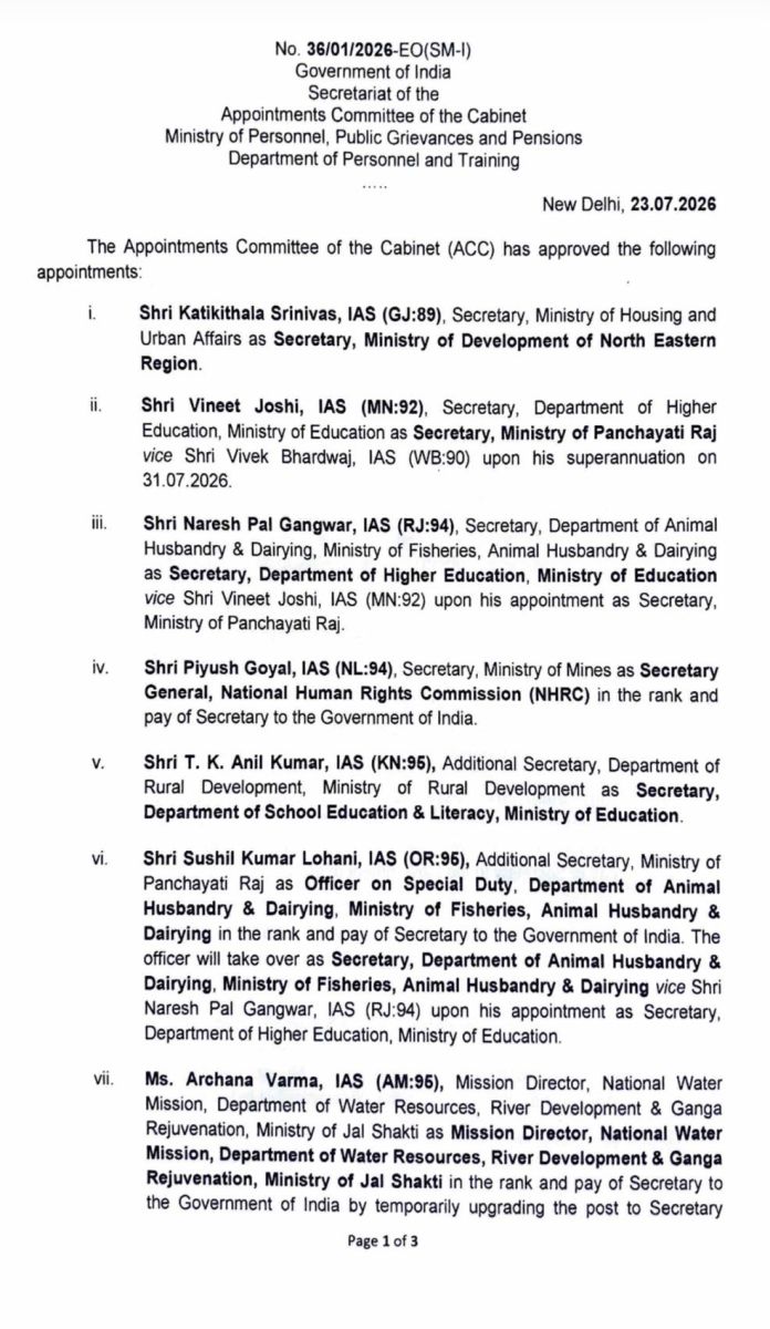 Govt Transfers IAS Officers