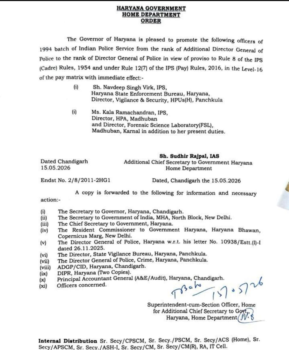 Haryana IPS Officers Promotion Navdeep Singh Virk Kala Ramachandran