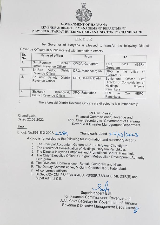 Haryana Revenue Officers Transfers