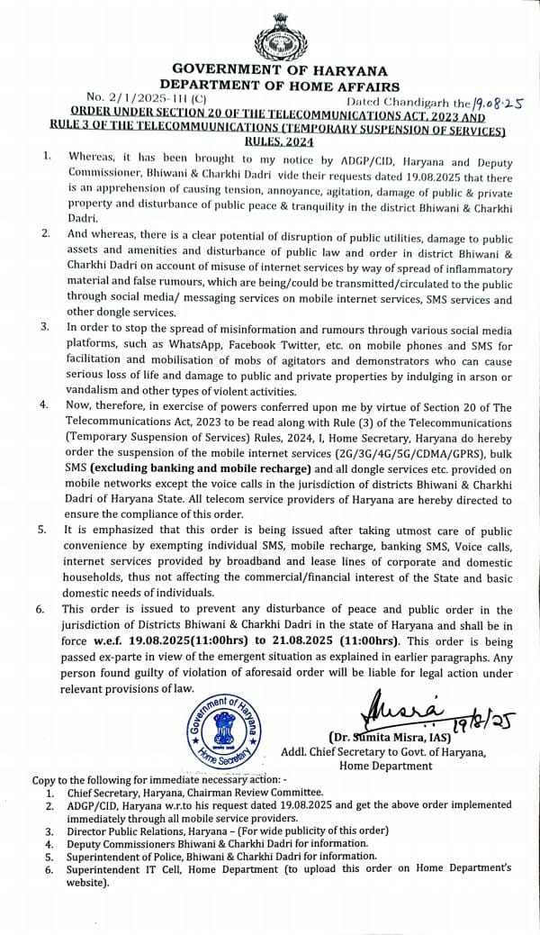 Haryana Bhiwani and Charkhi-Dadri Internet Service Suspended Breaking